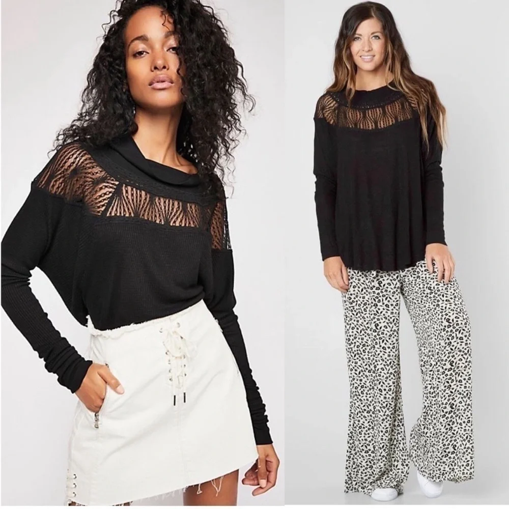 FREE PEOPLE Lace Trim Neckline Oversized Dolman Long Sleeve Thermal Knit Top XS